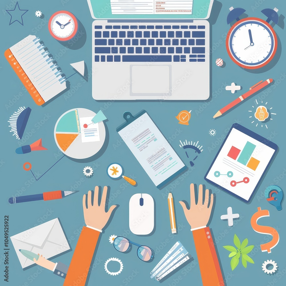 Fototapeta premium Business Workplace Flat Design Illustration with Laptop Charts and Hands
