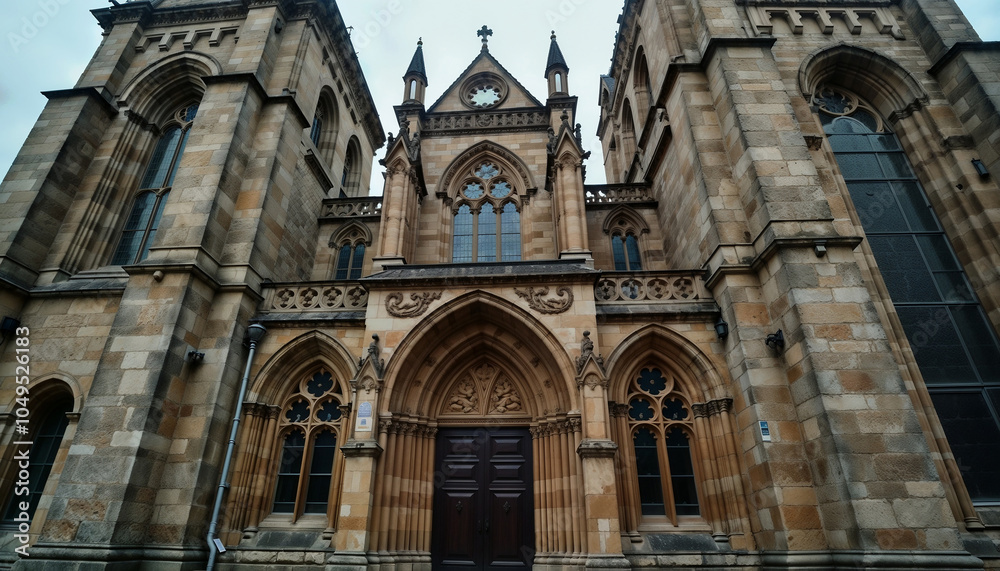 Historic Stone Church Architecture with Towering Clock Spire and Gothic Elements Against Blue Sky Historic Stone Church Architecture with Towering Clock Spire and Gothic Elements Against Blue Sky