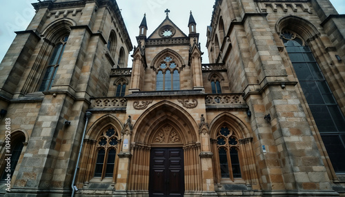 Historic Stone Church Architecture with Towering Clock Spire and Gothic Elements Against Blue Sky