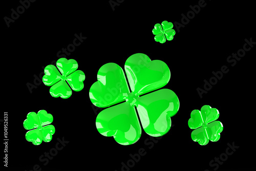 Glowing four-leaf clovers growing in dark background symbolizing luck and fortune photo