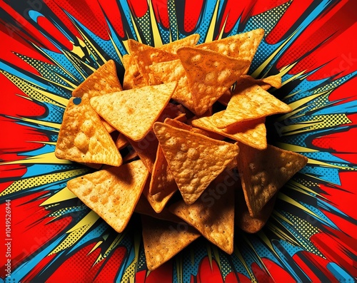 A vibrant pile of tortilla chips on an explosive graphic background showcasing color and creativity in food presentation photo