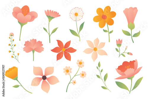 An illustration of a collection of various flowers in vibrant, Gradient colors.