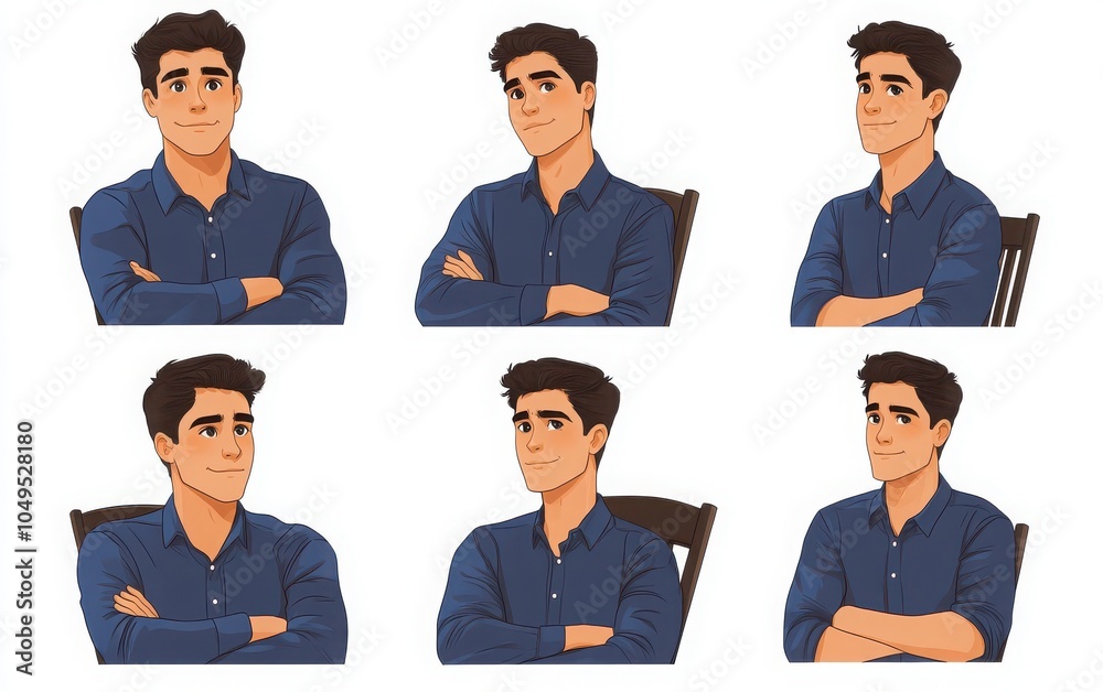 Set of close-up illustrations of young men in blue shirts sitting in chairs, showcasing different gestures such as relaxed posture, arms crossed, and an engaging smile. The design is minimalistic Set of close-up illustrations of young men in blue shirts sitting in chairs, showcasing different gestures such as relaxed posture, arms crossed, and an engaging smile. The design is minimalistic