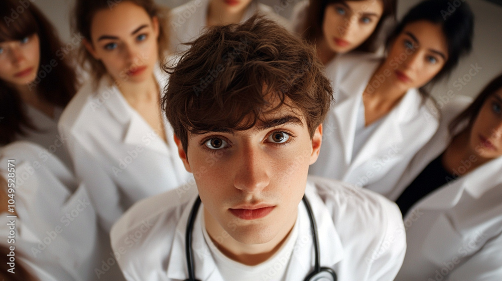 A handsome young man in white medical attire with brown hair stands center frame A handsome young man in white medical attire with brown hair stands center frame