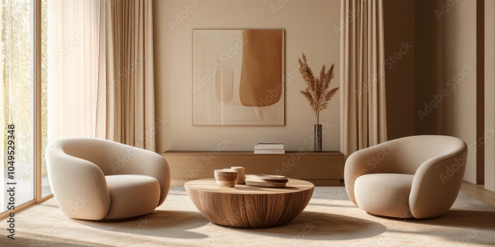 Explore a modern living room with Japandi design, featuring minimalist furniture, earthy tones, and serene aesthetics for a calming atmosphere Explore a modern living room with Japandi design, featuring minimalist furniture, earthy tones, and serene aesthetics for a calming atmosphere