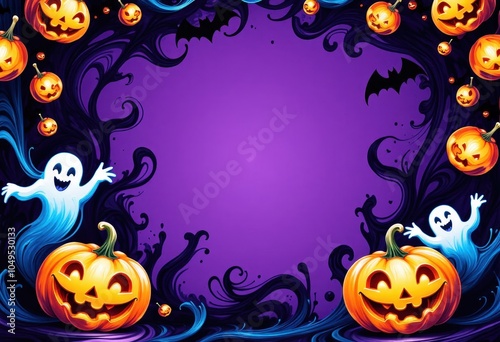 Purple Halloween Background with Pumpkins and Ghosts photo