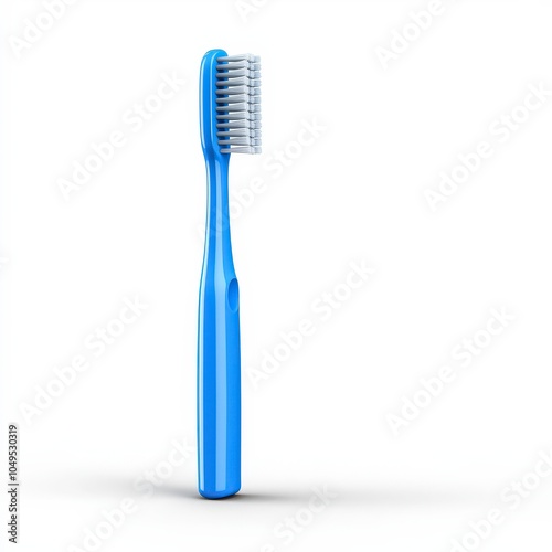 A blue toothbrush standing upright on a white background, designed for dental hygiene.