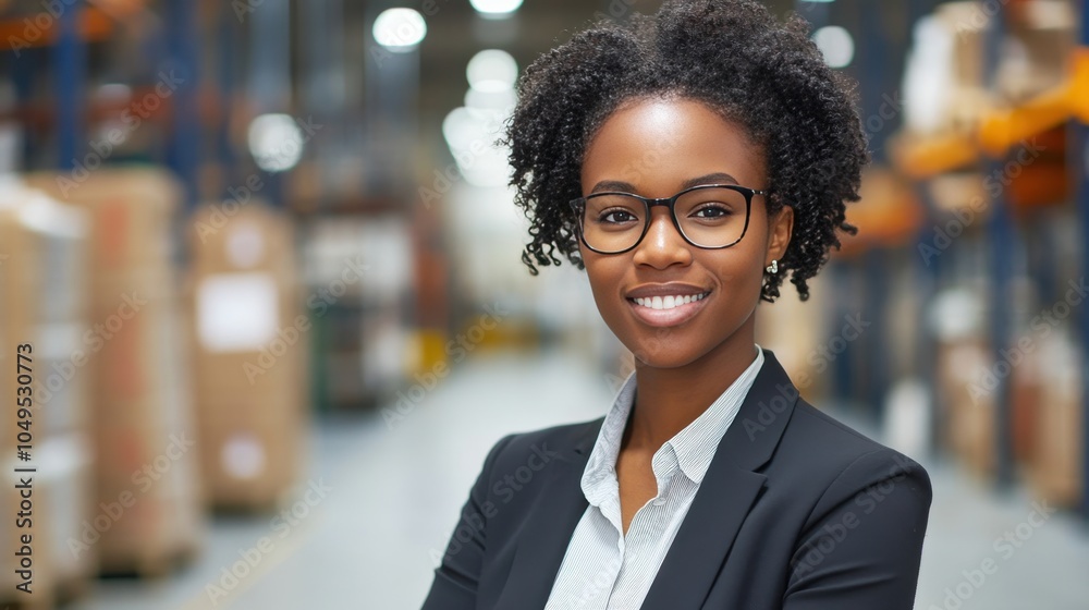 Fototapeta premium Confident Businesswoman Smiling in a Warehouse Environment