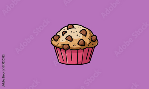 Chocolate chip muffin in a bright pink cupcake liner.