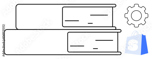 Two stacked books next to a gear and a shopping bag. Ideal for educational themes, online learning, technology integration, commerce, and resource management. Simple minimalist design