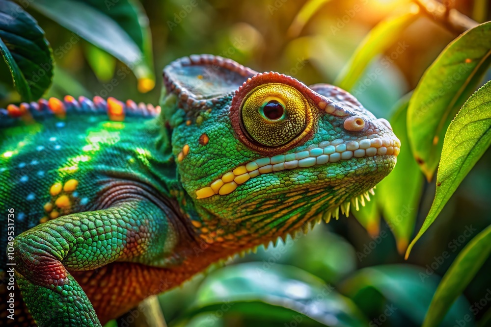 Aerial View of a Colorful Chameleon Camouflaging on a Branch in Lush Green Jungle Setting Aerial View of a Colorful Chameleon Camouflaging on a Branch in Lush Green Jungle Setting