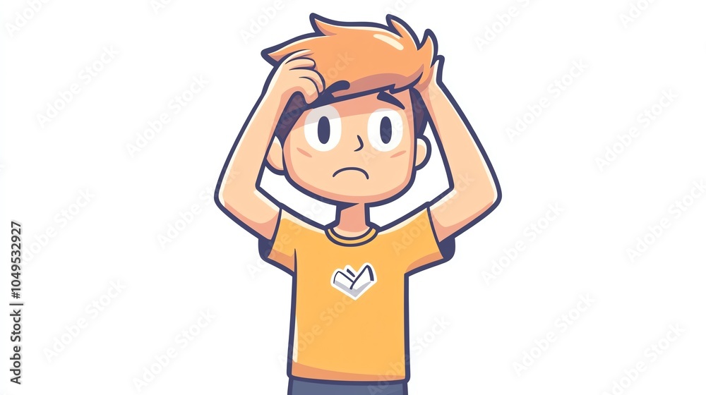 A cartoon boy expressing confusion with hands on his head, wearing a cheerful orange shirt. A cartoon boy expressing confusion with hands on his head, wearing a cheerful orange shirt.