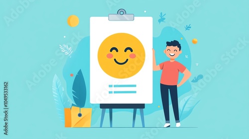 A cheerful person presenting a smiley face illustration on a clipboard, showcasing positivity and creativity. photo