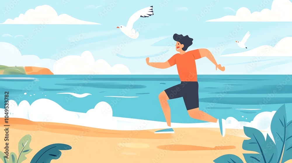 A man running along the beach with seagulls flying overhead, enjoying a vibrant coastal landscape. A man running along the beach with seagulls flying overhead, enjoying a vibrant coastal landscape.