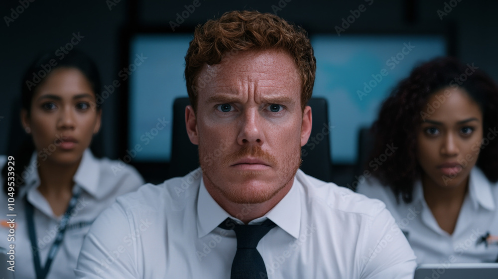 Intense Focus: A serious, determined man with red hair, wearing a white shirt and tie, sits in the center of the frame, flanked by two women, all focused intently on the task at hand. Intense Focus: A serious, determined man with red hair, wearing a white shirt and tie, sits in the center of the frame, flanked by two women, all focused intently on the task at hand.