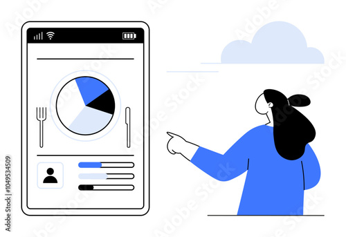 A person interacts with a large smartphone displaying a pie chart and activity bars, representing data for health and fitness tracking. Ideal for digital health, fitness tracking, diet management