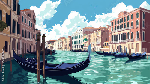 Picturesque view of venice canal with gondolas and traditional buildings. Venetian Canal. Illustration photo