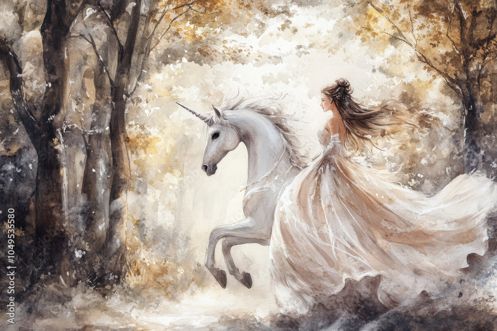 Naklejka premium A mystical scene featuring a woman in a flowing dress riding a unicorn through a serene, enchanted forest with soft, golden light.