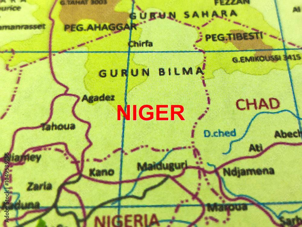 Close-up photo of the country NIGER with its surrounding major cities on a world map Close-up photo of the country NIGER with its surrounding major cities on a world map
