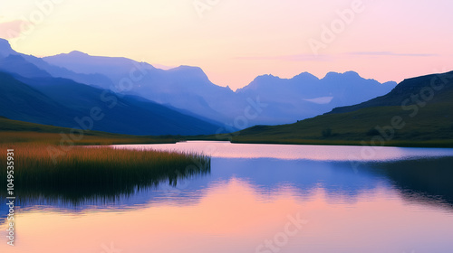 Calm waters mirror stunning mountain silhouettes during sunrise, creating a peaceful natural retreat