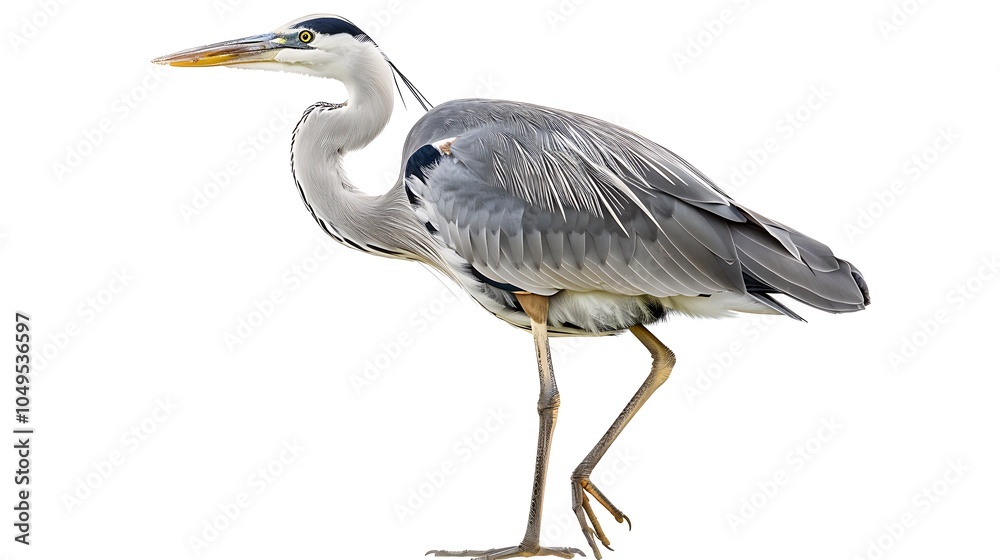 Obraz premium Capturing the elegance of a tall heron as it stands with long legs straight and neck extended showcasing intricate details of its grey and white feathers in a tranquil natural setting
