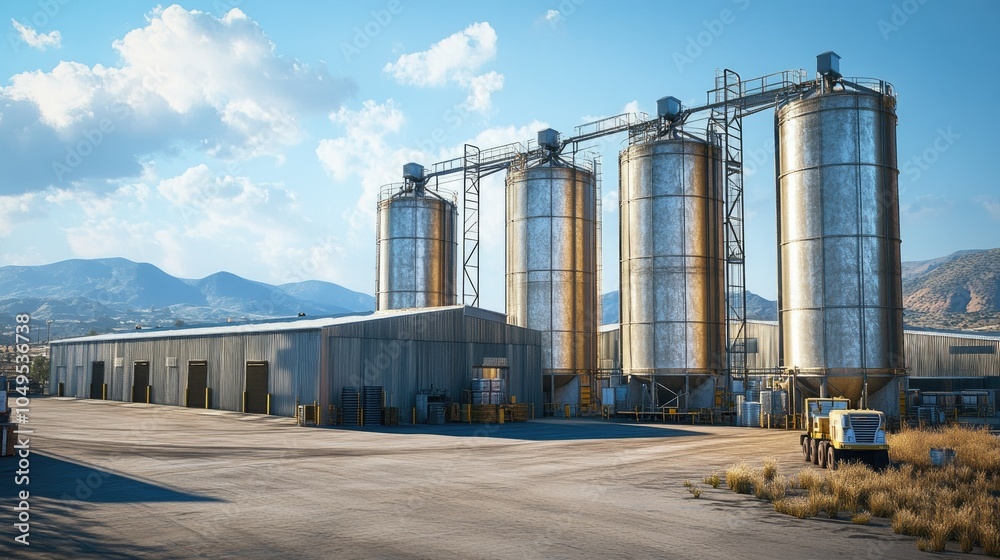 Fototapeta premium An industrial silo warehouse with multiple shiny metal silos, clean loading bays, and equipment ready for use, surrounded by an open yard.