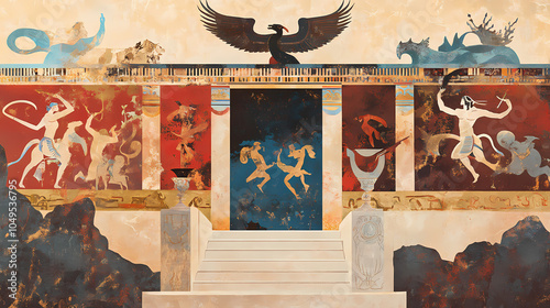 Minoan palaces. Greek Mythological Frescoes. Illustration photo