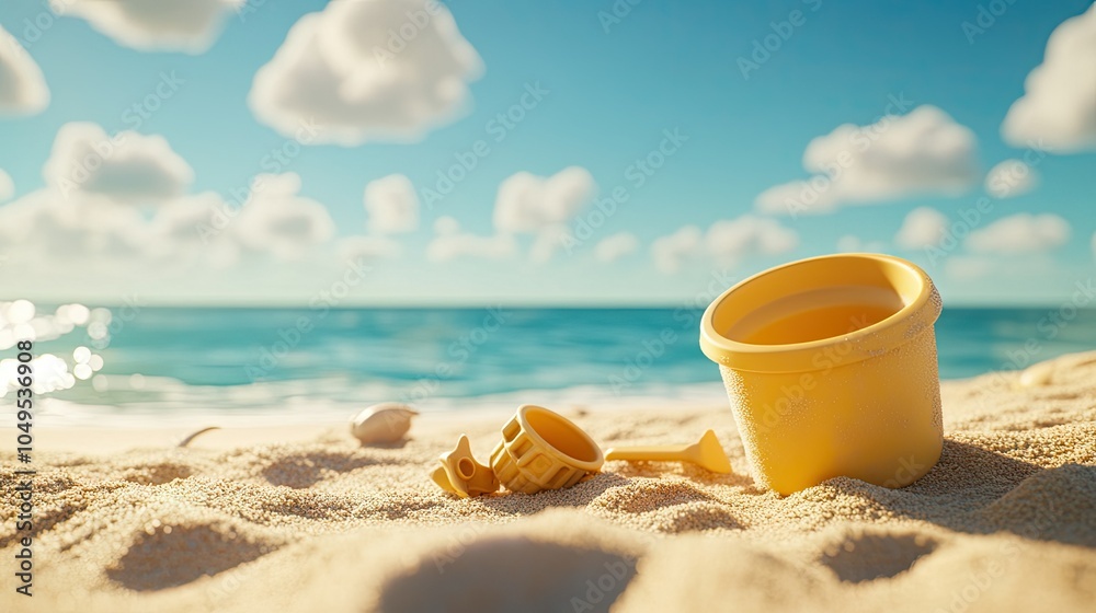 A baby's plastic bucket, shovel, and sand molds, partially filled with beach sand, with the calm ocean in the background under a bright blue sky. A baby's plastic bucket, shovel, and sand molds, partially filled with beach sand, with the calm ocean in the background under a bright blue sky.