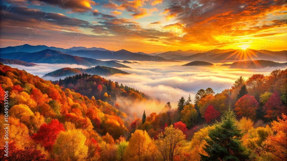 Autumn Sunrise Over Misty Mountains: Breathtaking Panoramic View of Colorful Foliage at Dawn Autumn Sunrise Over Misty Mountains: Breathtaking Panoramic View of Colorful Foliage at Dawn