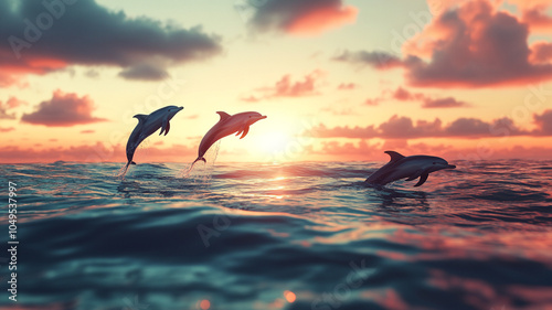 A school of dolphins jumping out of the ocean at sunset, colorful sky with wide open space for text.