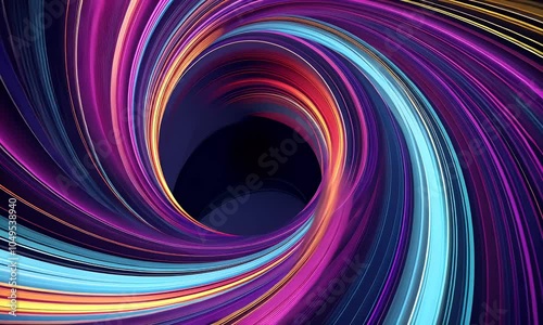 A neon light effect background with purple, blue and yellow colors on the edges of an abstract circular shape, creating a sense of speed or motion. The dark black space in front is filled with swirlin photo