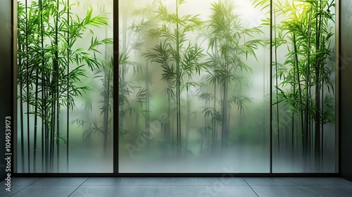 tropical bamboo trees behind the frosted glass in the fog with backlighting. decoration of green plants premises