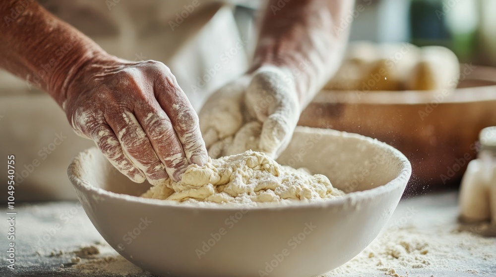 Fototapeta premium 2410_018.artisanal dough preparation, flour-dusted fingers blending ingredients, matte white bowl, neutral tones, culinary process shot, shallow depth of field