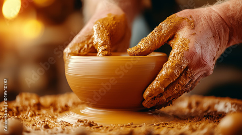 A potter carefully molds wet clay into a bowl on a spinning wheel in a creative workshop setting photo