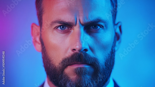 Intense Gaze: A close-up portrait of a man with a determined expression, his blue eyes piercing the camera lens. The vibrant blue and purple lighting adds a dramatic.