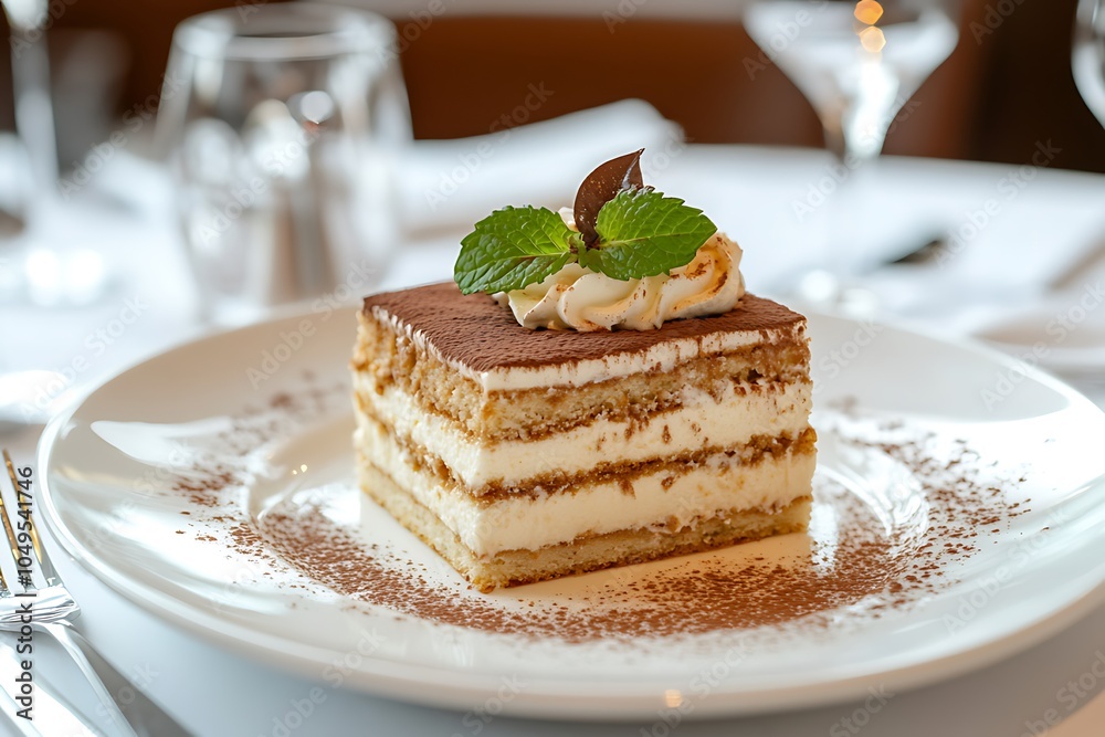 Italian Layered Dessert of Cake, Coffee, and Cream Cheese, Dusted with Cocoa Powder and Garnished with Mint on a White Plate Italian Layered Dessert of Cake, Coffee, and Cream Cheese, Dusted with Cocoa Powder and Garnished with Mint on a White Plate