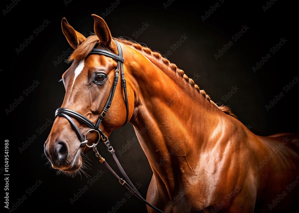 Brown Horse with Bridle Against Black Backdrop - Stunning Product Photography for Equestrian Enthusiasts Brown Horse with Bridle Against Black Backdrop - Stunning Product Photography for Equestrian Enthusiasts
