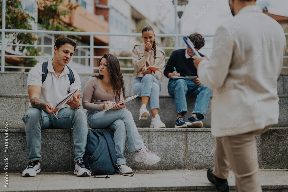 Fototapeta premium A diverse group of college students collaborate on outdoor steps, engaging with each other and receiving guidance from their professor. Casual attire fosters a relaxed learning environment, promoting
