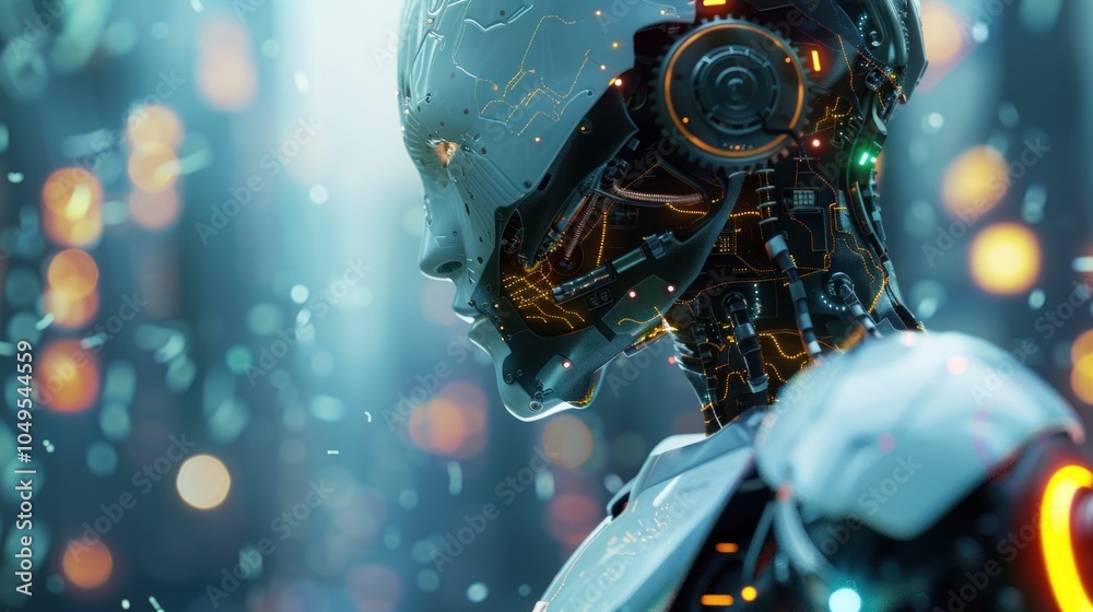 Fototapeta premium Futuristic robot with ai glowing circuits and gears and automation, AI generated image
