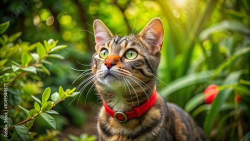 Cat with Red Collar Gazing Upwards in Drone Photography Capture of Feline Curiosity