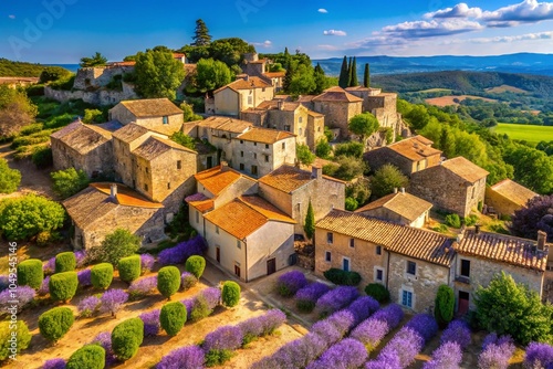 Charming Provencal Architecture in Puimichel, France - A Scenic View of Historic Homes and Lavender Fields