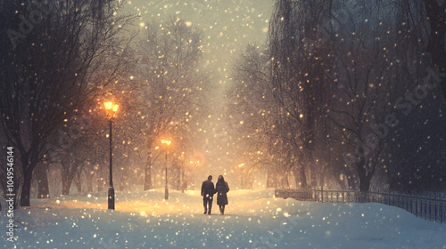 Couple walking through a wintery park with snow falling softly around them