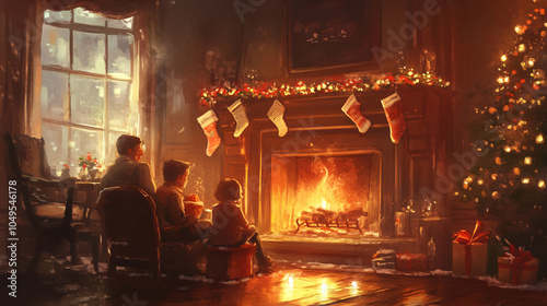 Family enjoying a cozy evening together in front of a fireplace with stockings hung on the mantel