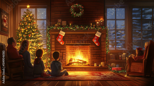 Family enjoying a cozy evening together in front of a fireplace with stockings hung on the mantel