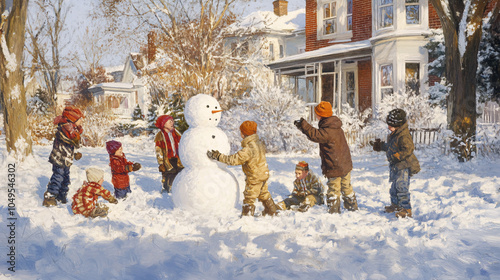 Children bundled up in winter clothes, building a snowman in a front yard covered in snow