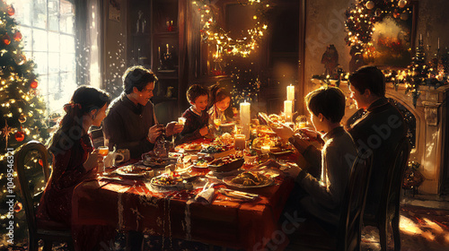 Family gathered around a festive holiday table, sharing a meal and enjoying each other's company
