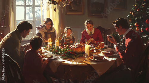 Family gathered around a festive holiday table, sharing a meal and enjoying each other's company