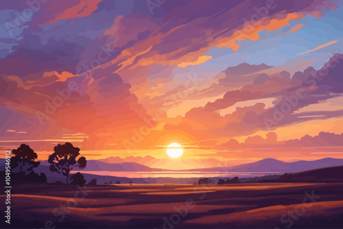 The sun itself is a warm, glowing orb, casting golden rays that dance along the tops of nearby trees and buildings, adding a soft glow to everything they touch