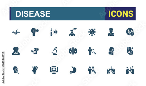 Disease solid icons collection. Containing diarrhea, damage, disability, insomnia, treatment, allergy and more. Modern flat icons. Editable glyph. Vector illustration.