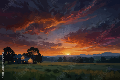 The sun itself is a warm, glowing orb, casting golden rays that dance along the tops of nearby trees and buildings, adding a soft glow to everything they touch